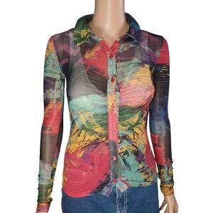 Y2K Sheer Mesh Button Front Top Abstract Print Fitted Indie Size S
